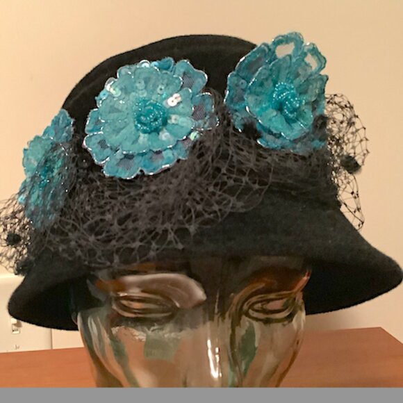 Andre  of Canada Black Felt Cloche Hat with Blue Flower Accents main image 5
